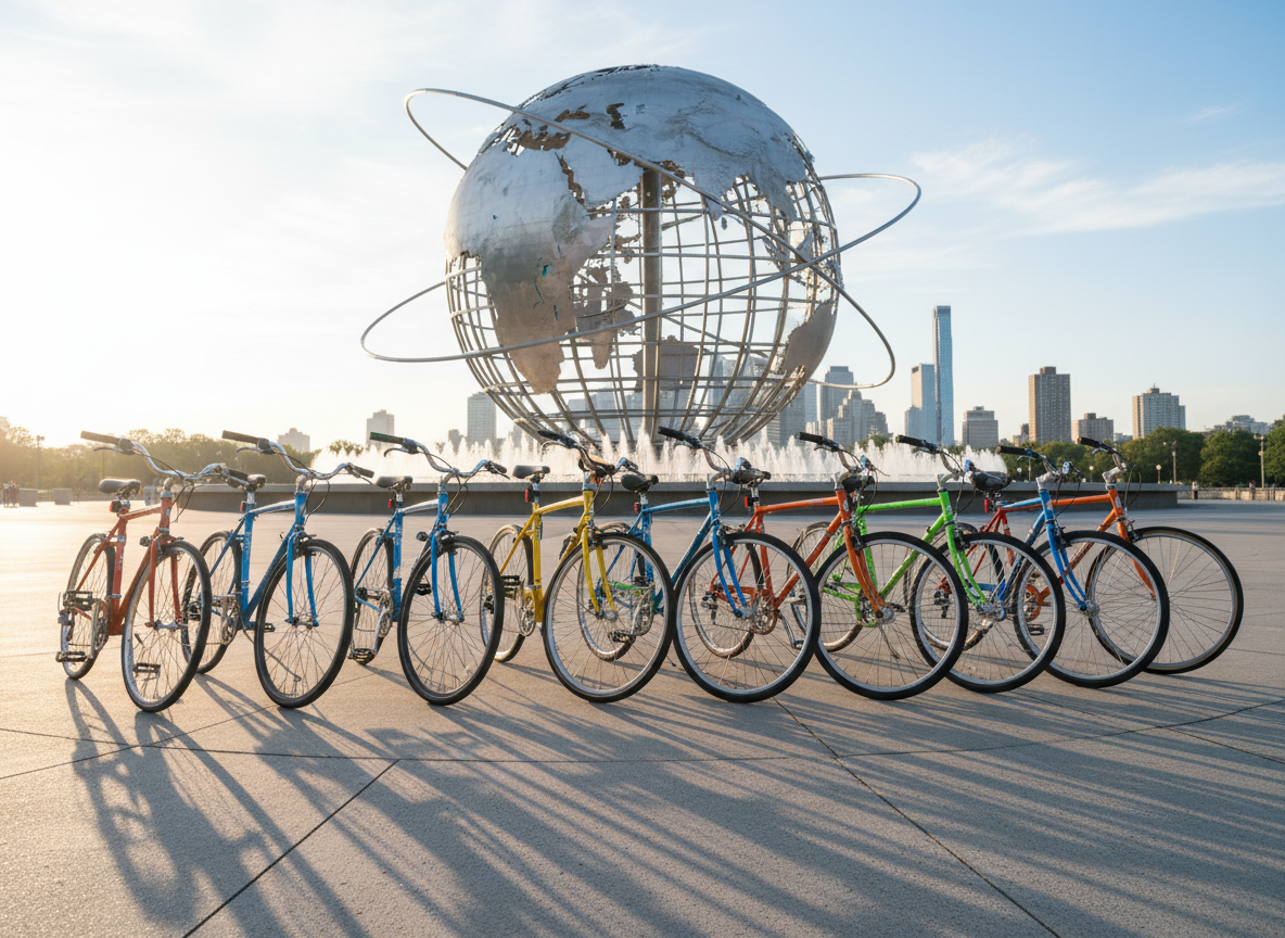 A row of brightly colored commuter bicycles resting on their kickstands in front of the gleaming stainless-steel Unisphere in Queens, carefully arranged side by side with varied frame styles and playful handlebar tape patterns. The bikes are parked on smooth concrete within the circular plaza, with low fountains and distant skyscrapers softly blurred in the background. Early-morning golden sunlight pours in from the side, catching metal spokes and polished frames, casting long, crisp shadows in a radial pattern. The mood is energetic and welcoming, suggesting the start of a fun city adventure. Photographic realism at eye level with a wide-angle lens, sharp focus on the bikes and Unisphere, gentle background bokeh, and vibrant, saturated colors that feel playful yet authentic.