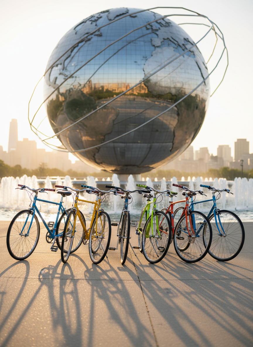A row of brightly colored commuter bicycles resting on their kickstands in front of the gleaming stainless-steel Unisphere in Queens, carefully arranged side by side with varied frame styles and playful handlebar tape patterns. The bikes are parked on smooth concrete within the circular plaza, with low fountains and distant skyscrapers softly blurred in the background. Early-morning golden sunlight pours in from the side, catching metal spokes and polished frames, casting long, crisp shadows in a radial pattern. The mood is energetic and welcoming, suggesting the start of a fun city adventure. Photographic realism at eye level with a wide-angle lens, sharp focus on the bikes and Unisphere, gentle background bokeh, and vibrant, saturated colors that feel playful yet authentic.