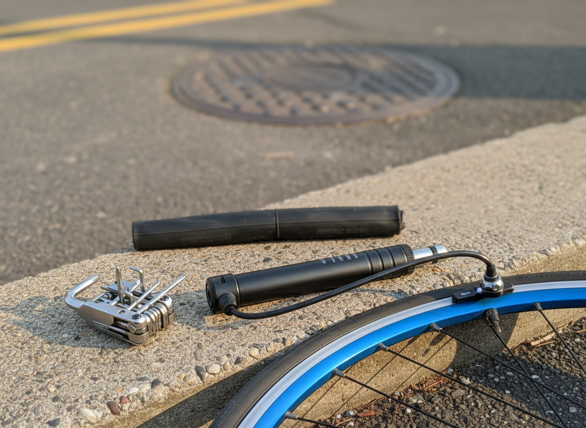 A compact, portable bike pump, multi-tool, and spare inner tube neatly arranged on a rough concrete curb at the edge of a quiet Queens side street, suggesting a playful but prepared social ride ethos. A vivid blue road bike wheel is partially visible, its tire gently deflated, valve aligned with the pump head. Faint double yellow lines and a distant manhole cover provide subtle urban context, softly blurred in the background. Late-afternoon sunlight from the left creates warm highlights on metallic tool surfaces and casts elongated, soft-edged shadows across the pavement. The mood is reassuring and lightly humorous, emphasizing that minor mishaps are part of the fun. Photographic realism with a slightly elevated angle, tight framing on the gear, moderate depth of field, and crisp detail on rubber textures and brushed metal.