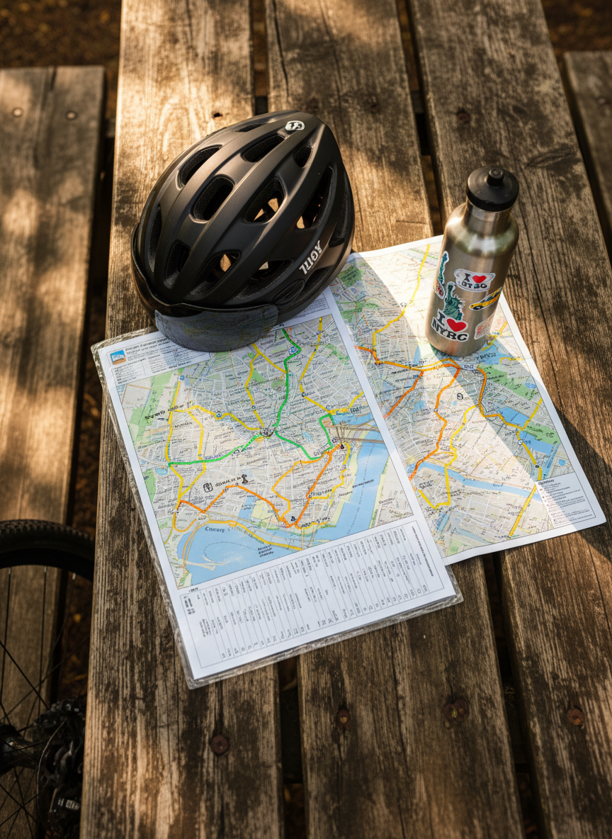 An overhead photographic view of a laminated city cycling cue sheet and a folded paper map spread across a weathered wooden picnic table, corners held down by a sleek black bike helmet and a stainless-steel water bottle covered in playful NYC-themed stickers. Colorful highlighter marks trace a looping route through Queens and Manhattan, with handwritten notes like “scenic detour” and “coffee stop.” Dappled sunlight filters through tree leaves above, creating shifting patches of light and soft, organic shadows across the paper. The setting feels like a small rest area in a city park, with the blurred hint of a bike tire entering the frame. The mood is adventurous yet relaxed. Shot in photographic realism with a top-down composition, crisp focus throughout, and warm, slightly saturated tones.