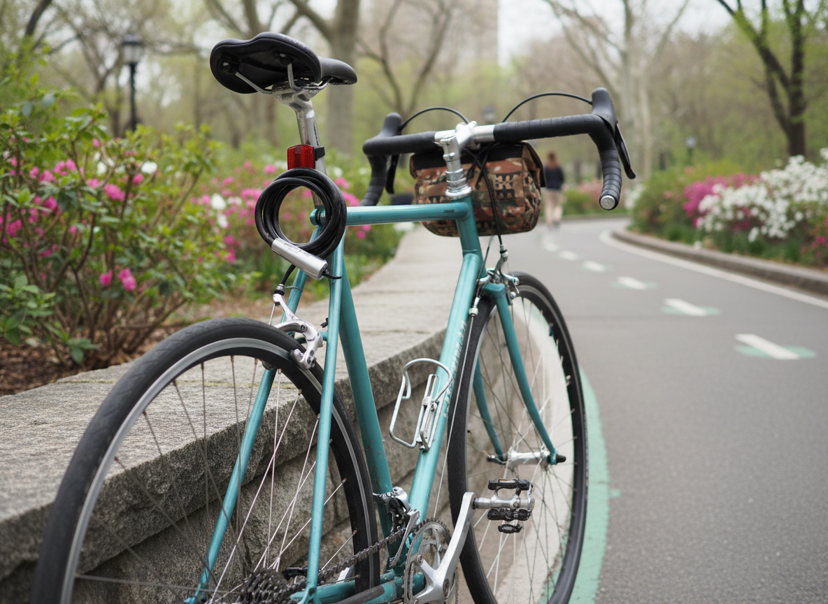 A detailed close-up of a well-used road bike leaning against a low stone wall in Queens, its matte teal frame speckled with tiny chips that hint at many joyful rides. The bike’s small bell, handlebar bag, and neatly coiled lock add personality, while the cassette and chain glint with subtle oil sheen. Behind it, a leafy NYC park path curves away, lined with flowering shrubs and painted lane markings. Soft overcast daylight creates even, diffused lighting with minimal shadows, emphasizing textures in rubber tires, bar tape, and stone. The mood is calm and inviting, capturing a quiet pause during a social ride. Shot at a slightly low, three-quarter angle in photographic realism, with shallow depth of field that keeps the bike tack-sharp and the winding path gently blurred.