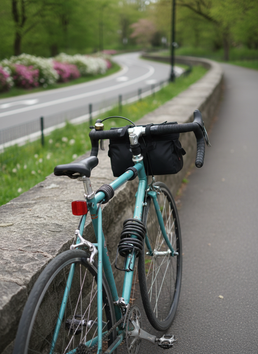 A detailed close-up of a well-used road bike leaning against a low stone wall in Queens, its matte teal frame speckled with tiny chips that hint at many joyful rides. The bike’s small bell, handlebar bag, and neatly coiled lock add personality, while the cassette and chain glint with subtle oil sheen. Behind it, a leafy NYC park path curves away, lined with flowering shrubs and painted lane markings. Soft overcast daylight creates even, diffused lighting with minimal shadows, emphasizing textures in rubber tires, bar tape, and stone. The mood is calm and inviting, capturing a quiet pause during a social ride. Shot at a slightly low, three-quarter angle in photographic realism, with shallow depth of field that keeps the bike tack-sharp and the winding path gently blurred.